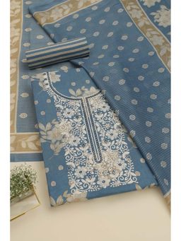 Soch - Womens Blue Cotton Floral Unstitched Kurta with Bottom and Dupatta