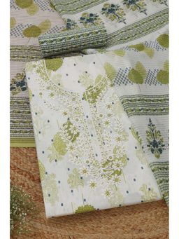 Soch - Womens Green Cotton Botanical Unstitched Kurta with Bottom and Dupatta