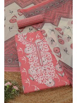 Soch - Womens Peach Cotton Floral Unstitched Kurta with Bottom and Dupatta