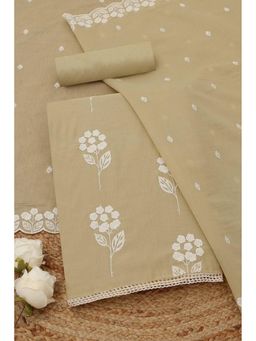Soch - Womens Beige Mul Chanderi Floral Unstitched Kurta with Bottom and Dupatta