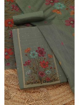 Soch - Womens Olive Chanderi Floral Unstitched Kurta with Bottom and Dupatta