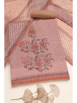 Soch - Womens Earth Peach Chanderi Botanical Unstitched Kurta with Bottom and Dupatta