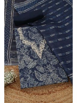 Soch - Womens Indigo Chanderi Botanical Unstitched Kurta with Bottom and Dupatta