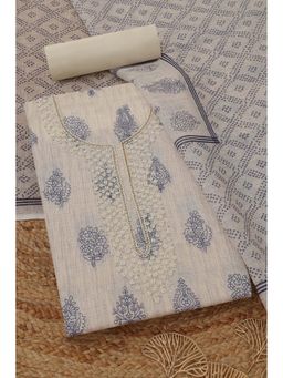 Soch - Womens Blue Linen Floral Unstitched Kurta with Bottom and Dupatta