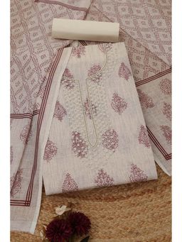 Soch - Womens White Linen Floral Unstitched Kurta with Bottom and Dupatta