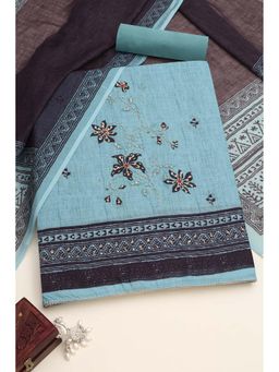 Soch - Womens Powder Blue Linen Floral Unstitched Kurta with Bottom and Dupatta