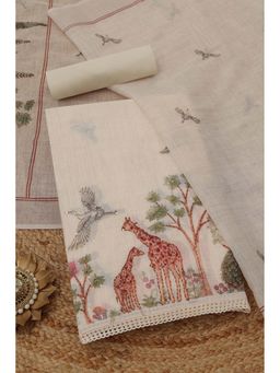 Soch - Womens Cream Linen Botanical Unstitched Kurta with Bottom and Dupatta