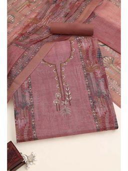 Soch - Womens Onion Pink Linen Shimmer Botanical Unstitched Kurta with Bottom and Dupatta