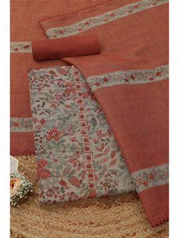 Soch - Womens Rust Linen Botanical Unstitched Kurta with Bottom and Dupatta
