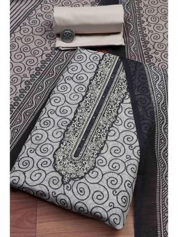 Biba - Women Beige Linen Royal Swirl Jal Print Unstitched Kurta with Bottom and Dupatta