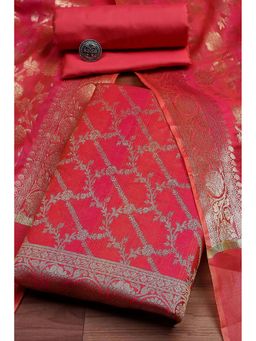 Biba - Women Pink Chanderi Banarasi Print Unstitched Kurta with Bottom and Dupatta