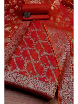 Biba - Women Rust Chanderi Banarasi Print Unstitched Kurta with Bottom and Dupatta
