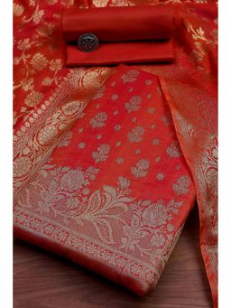 Biba - Women Rust Chanderi Banarasi Print Unstitched Kurta with Bottom and Dupatta