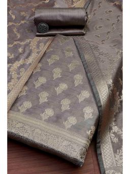 Biba - Women Dusty Grey Chanderi Banarasi Print Unstitched Kurta with Bottom and Dupatta