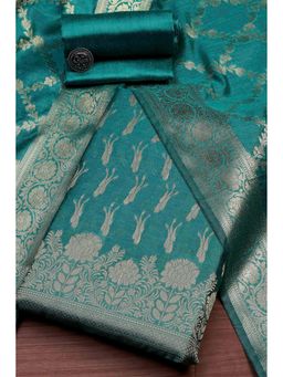 Biba - Women Turquoise Chanderi Banarasi Print Unstitched Kurta with Bottom and Dupatta