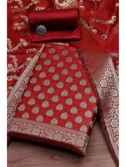 Biba - Women Red Chanderi Banarasi Print Unstitched Kurta with Bottom and Dupatta