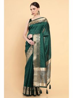 Soch - Women Teal Silk Embroidered Saree with Stitched Blouse
