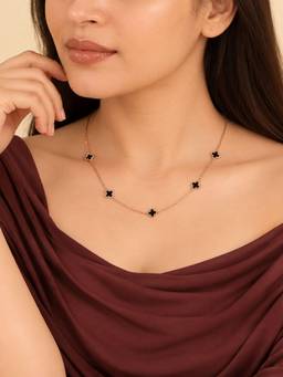 AQUASTREET - Rose Gold-Plated Black Enamelled Clover Charm Necklace