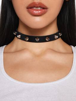 AQUASTREET - Black Faux Leather With Metal Spike Choker Necklace