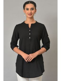 Aurelia - Black Sheer Sucker Mandarin Collar Kurti