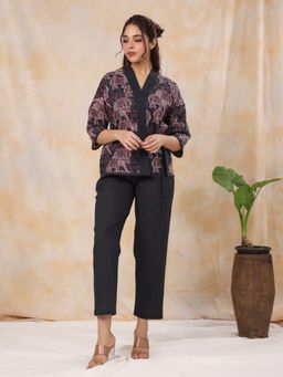 SAY - Women Pure Woven Cotton Black Top with Pant with Belt (Set of 3)