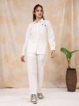 SAY - Women Pure Woven Cotton White Shirt with Pant (Set of 2)