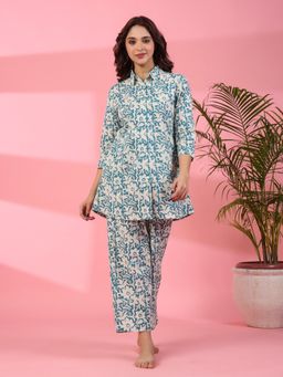 SAY - Women Pure Woven Cotton Blue Shirt with Pant (Set of 2)