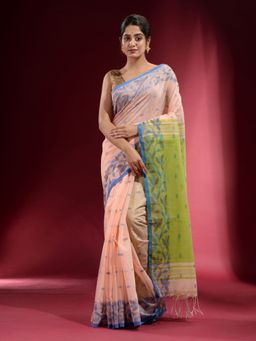 CHARUKRITI - Peach with Floral Border and Contrast Pallu Saree with Unstitched Blouse