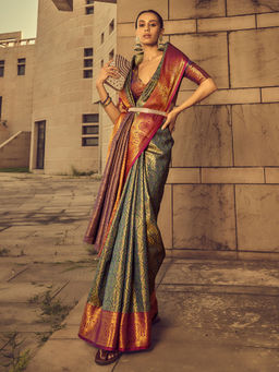 Odette - Green Handloom Woven Silk Blend Saree with Unstitched Blouse for Women