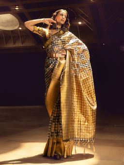 Odette - Blue Handloom Woven Silk Blend Saree with Unstitched Blouse for Women