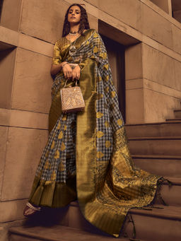 Odette - Grey Handloom Woven Silk Blend Saree with Unstitched Blouse