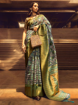 Odette - Blue Handloom Woven Silk Blend Saree with Unstitched Blouse