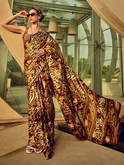 Odette - Brown Digital Printed Saree with Unstitched Blouses for Women