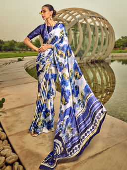 Odette - Off White And Blue Digital Printed Saree with Unstitched Blouses for Women