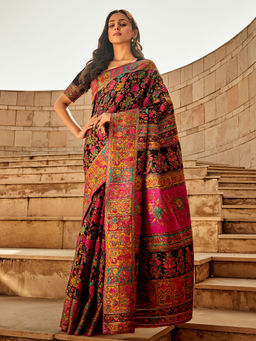 Odette - Black Kashmiri Handloom Woven Saree with Unstitched Blouses for Women
