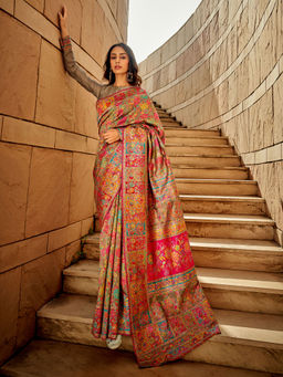 Odette - Beige Kashmiri Handloom Woven Saree with Unstitched Blouses for Women