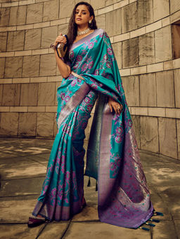 Odette - Blue Handloom Woven Satin Saree with Unstitched Blouse for Women