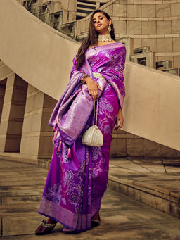 Odette - Purple Handloom Woven Satin Saree with Unstitched Blouse for Women