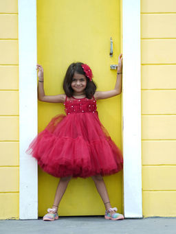 devils n angels - Maroon Colored Designer Dress with Hair Pin for Girls (Set of 2)