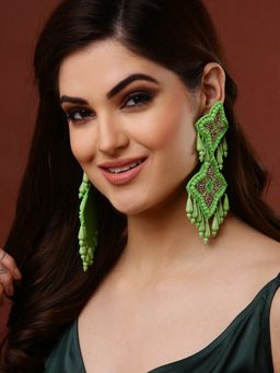 Moedbuille - Green Beads Sequins & Pearls Studded Contemporary Design Handcrafted Drop Earrings