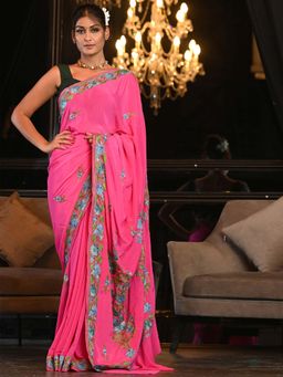 Beatitude - Pink Hand Embroidered Kashmiri Saree with Unstitched Blouse