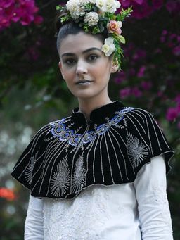 Odette - Women Black Embellished Mandarin Neck Cape