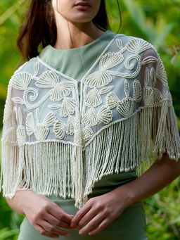 Odette - Women Off White Embroidered V-Neck Cape