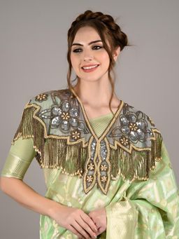 Odette - Women Green Embellished Round Neck Cape