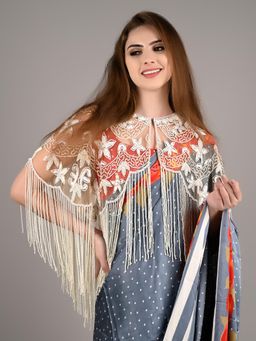 Odette - Women Beige Embellished Round Neck Cape
