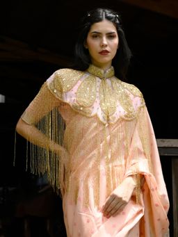 Odette - Women Gold Embellished Mandarin Neck Cape