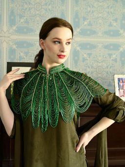 Odette - Women Green Embellished Mandarin Neck Cape