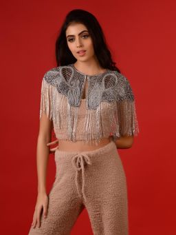 Odette - Women Grey Embellished Crew Neck Cape