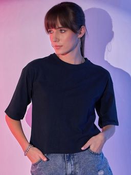 Buynewtrend - Navy Blue Cotton Women T-Shirt