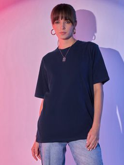 Buynewtrend - Navy Blue Cotton Women Oversized T-Shirt